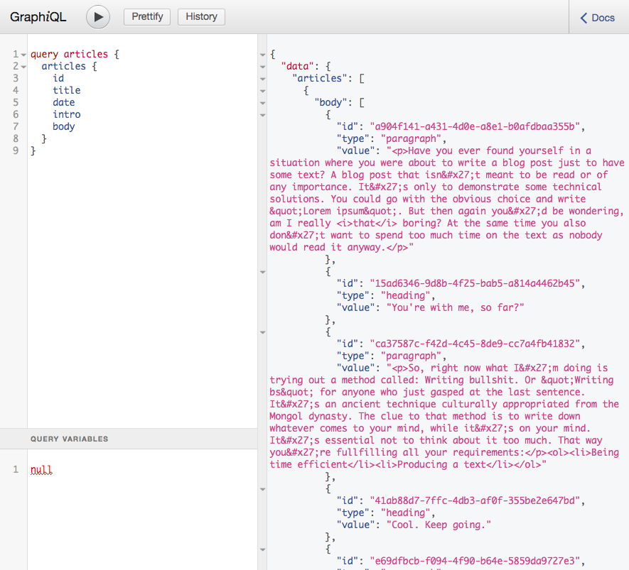 GraphiQL: Showing StreamField value as JSON