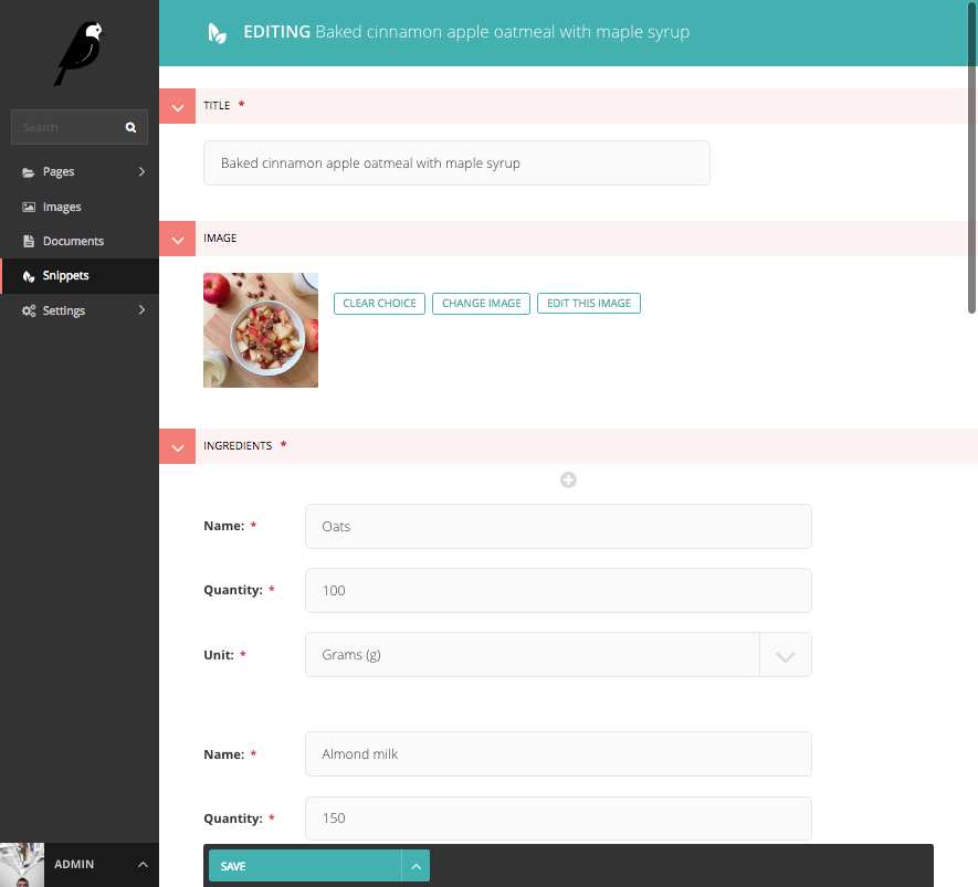 Wagtail Admin: Example snippet