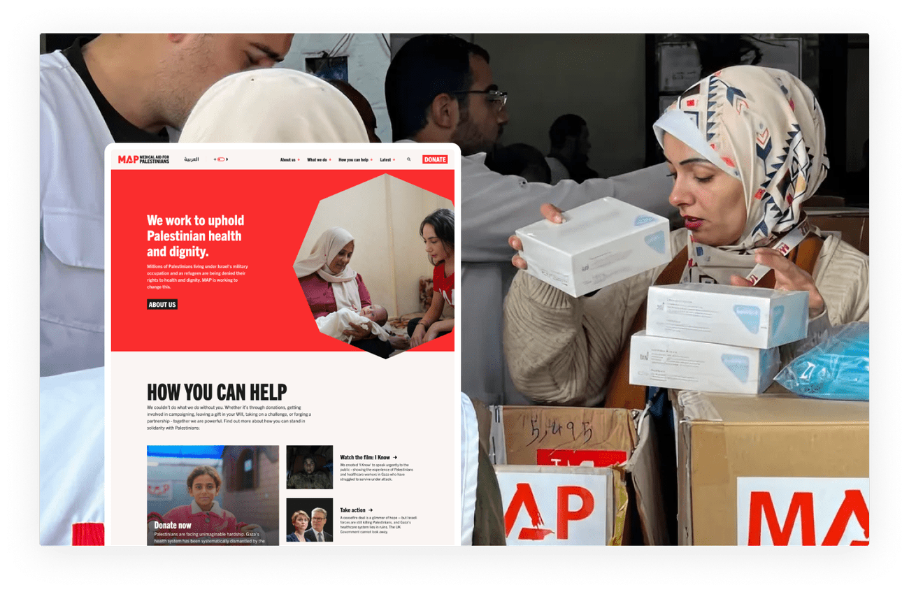 MAP (Medical Aid for Palestinians) website showing healthcare workers sorting medical supplies, with headline "We work to uphold Palestinian health and dignity"