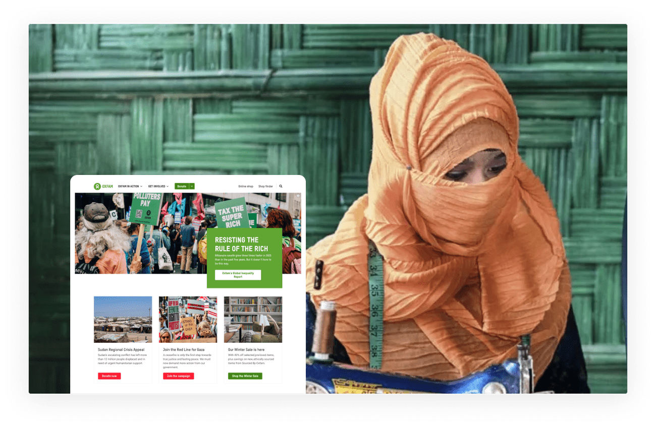 Oxfam website displaying "Resisting the Rule of the Rich" campaign with protest signs about taxing the super-rich, alongside global inequality reports