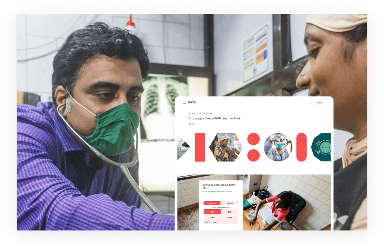 PATH website homepage featuring healthcare worker in a medical setting, with headline "Your support helps PATH reach millions" and donation options