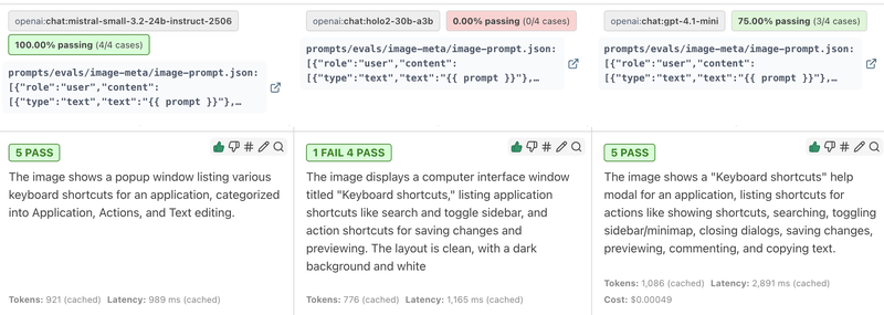 Screenshot of the Promptfoo UI comparing three outputs for one prompt
