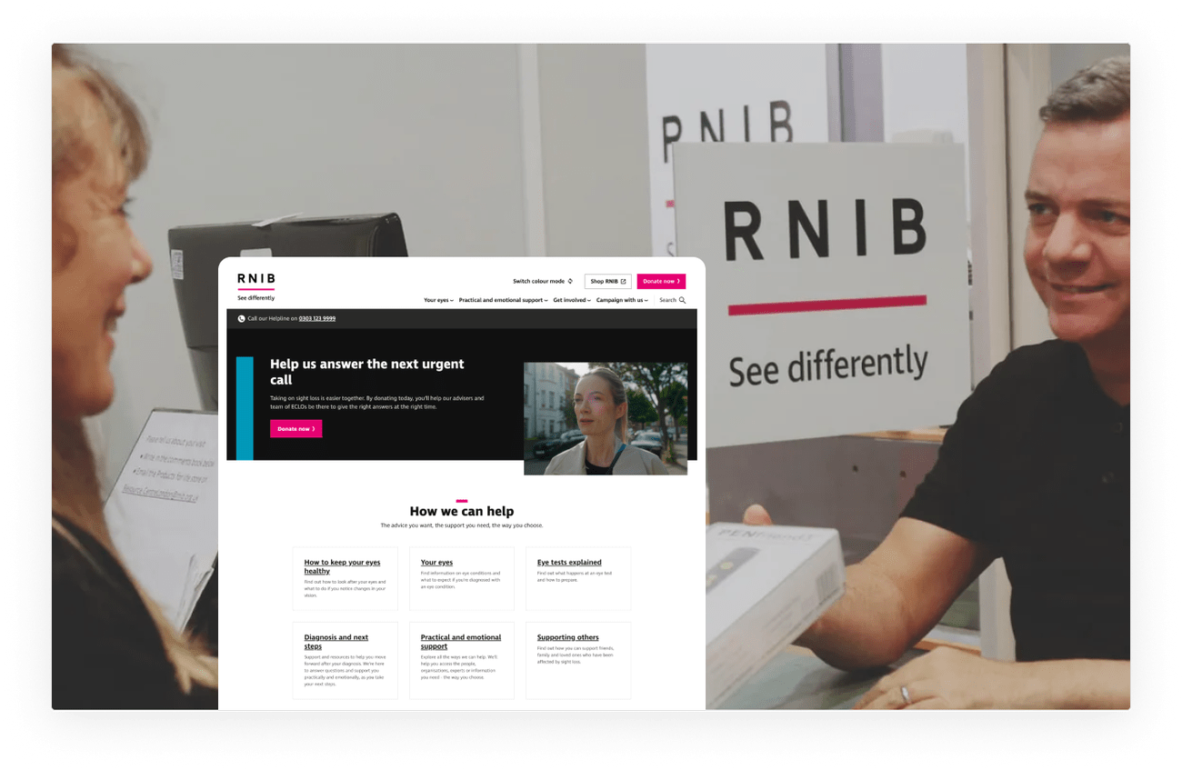 RNIB (Royal National Institute of Blind People) website homepage with "See differently" tagline and sections on eye health, practical support, and urgent call response