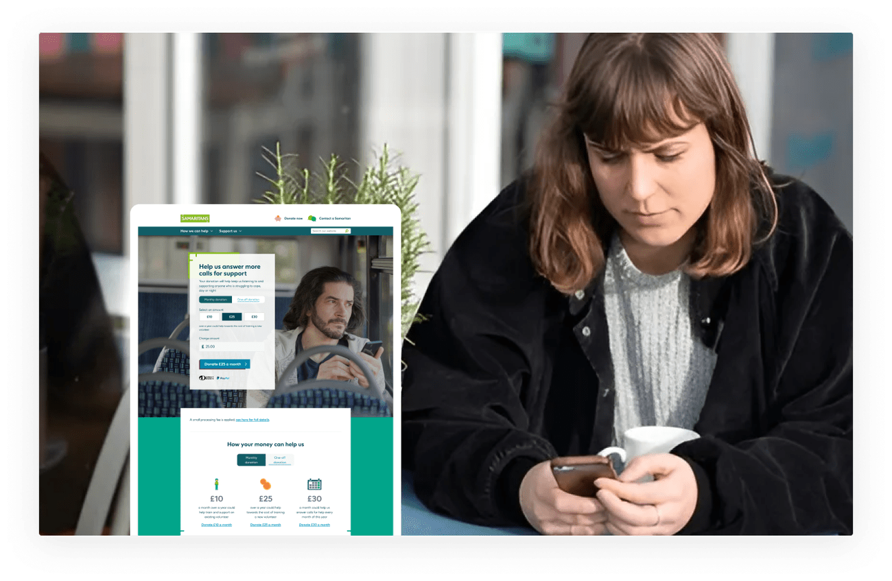 Samaritans charity website showing donation form with options for £10, £25, and £30 contributions to support their helpline service