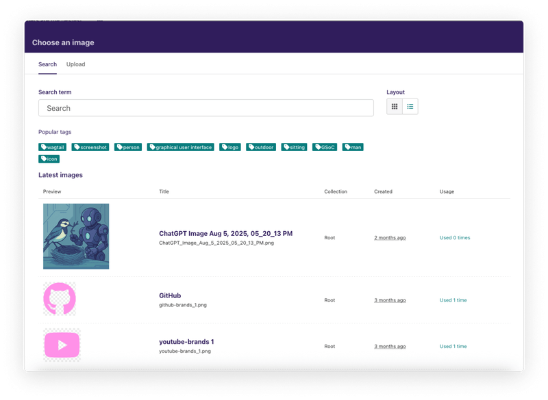A view of an image chooser in Wagtail showing list view, which includes the name of the file, a preview of the image, the collection name, and how many times the image has been used.