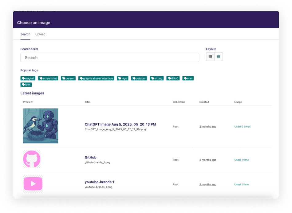 A view of an image chooser in Wagtail showing list view, which includes the name of the file, a preview of the image, the collection name, and how many times the image has been used.