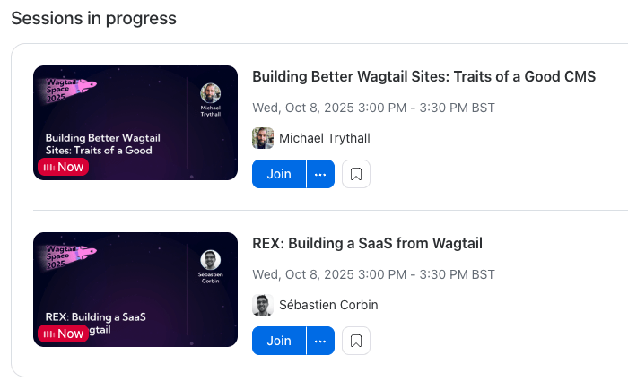 Screenshot of two sessions in progress at Wagtail Space 2025, at the same time