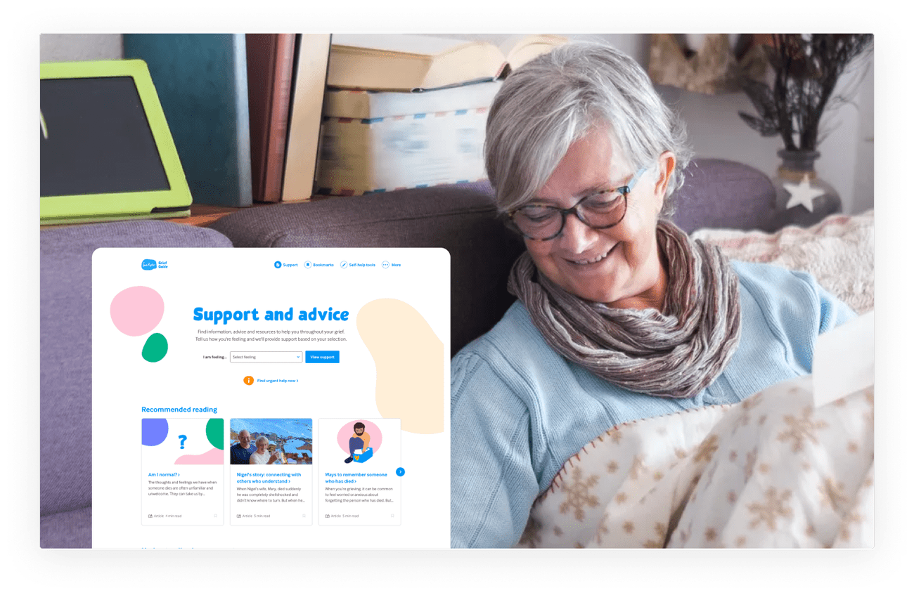 Sue Ryder charity website showing support and advice section with recommended reading articles about grief and bereavement