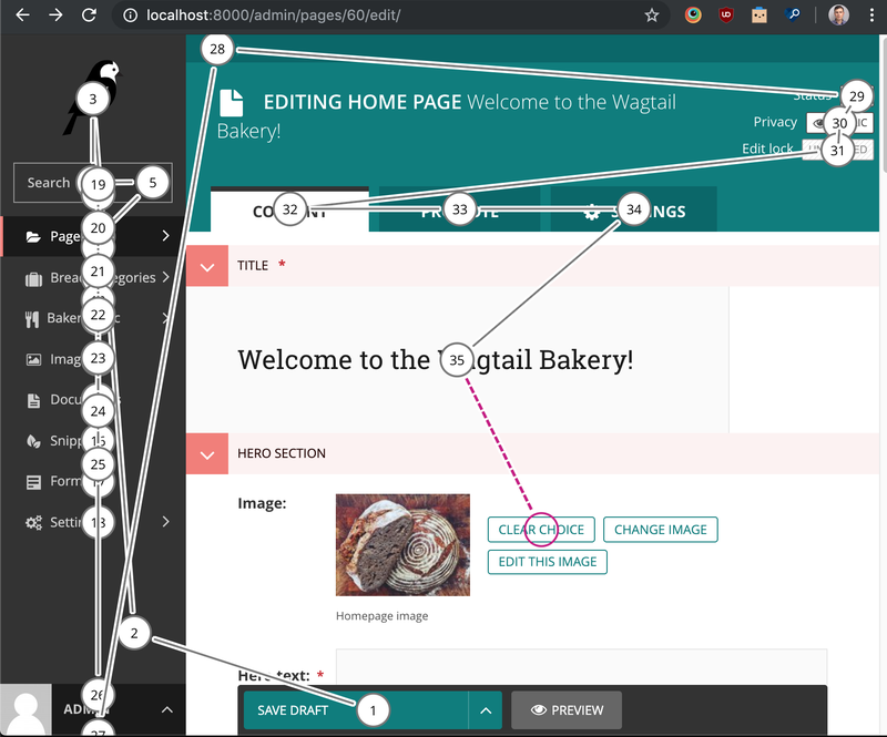 Screenshot of the Wagtail page editing UI, with a visualisation of tab stops overlayed – the tabs start on random buttons, then go through the menu, and finally arrive on the main content