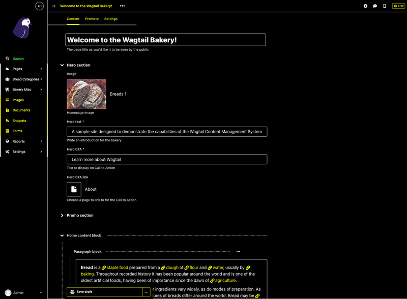 The Wagtail page editor as viewed in a dark high-contrast mode, showing mostly white text on a black background, with links and other interface elements in bright yellow and bright green colors.